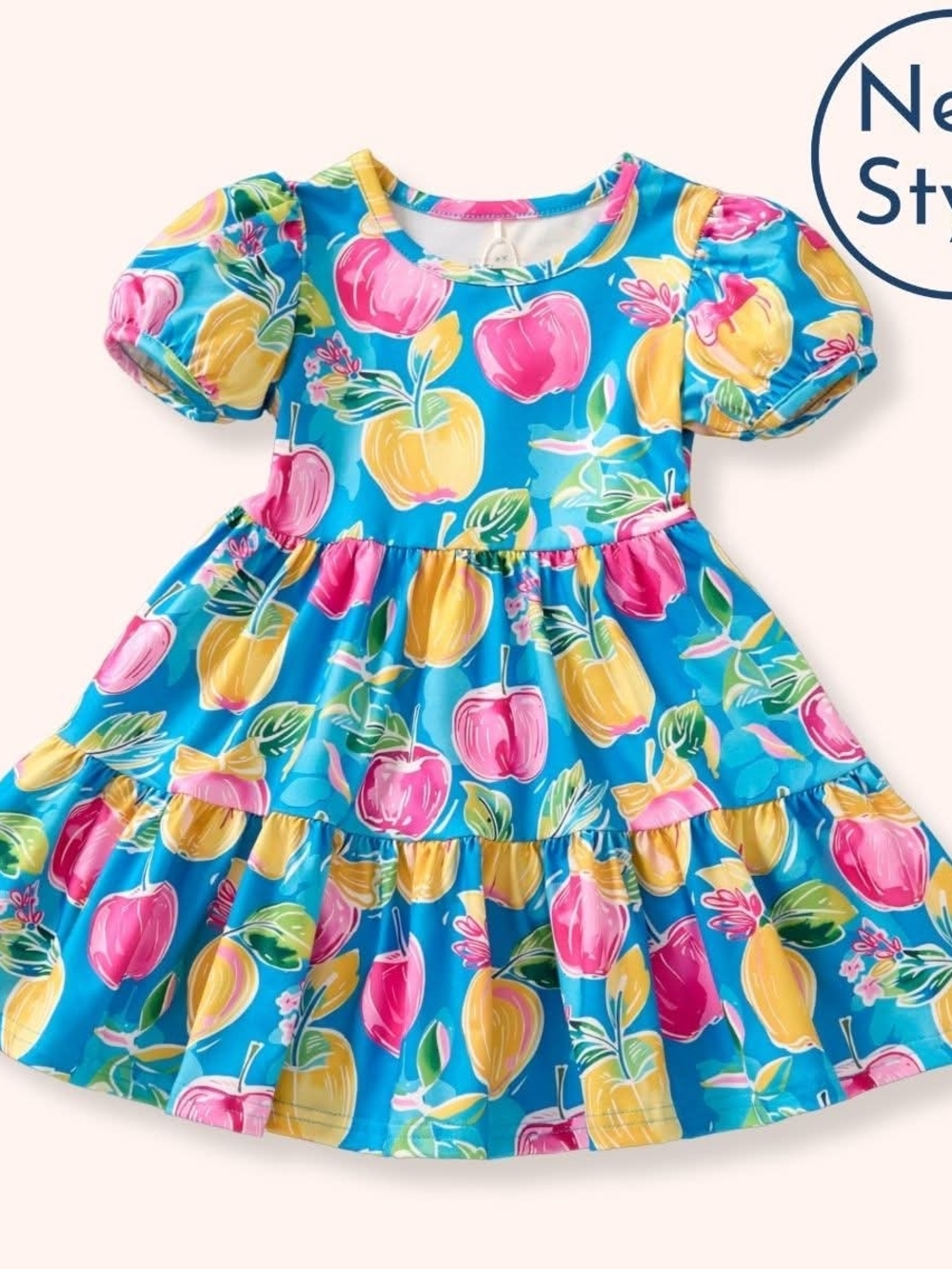 Kids Blue Fruit-Print Casual Dress with Pink & Yellow Accents